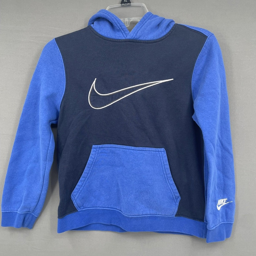 Nike Boys Sweatshirt Size M Hoodie Blue White Colorblock Center Swoosh